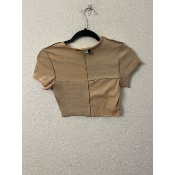 PrettyLittleThing Womens Patchwork Short Sleeve Knit Top Size 4 Beige - Picture 2 of 5